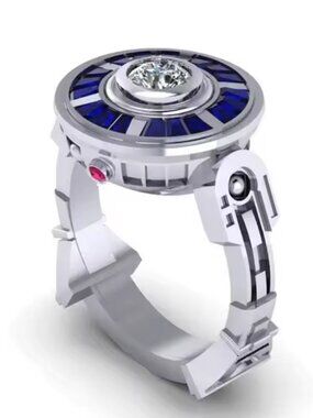 Star Wars R2-D2 Droid Ring Sterling Silver Blue Enamel Diamond Engagement Ring